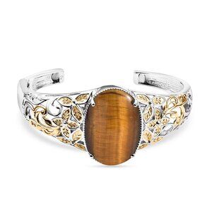 Tigers Eye 33.15 ctw Cuff Bracelet in 14K YG and Platinum Over Copper